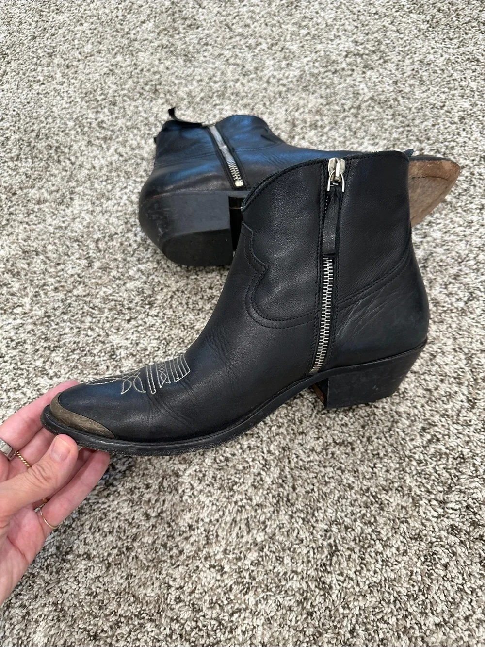 Golden Goose Black Leather Ankle Booties with Contrast Stitching. Size 39